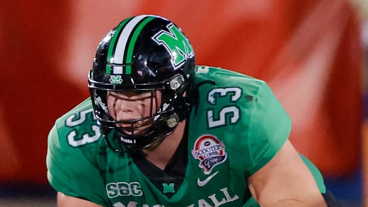 Dec 19, 2023; Frisco, TX, USA; Marshall Thundering Herd offensive lineman Dalton Tucker (68) and offensive lineman Trent Fraley (53) line up against the UTSA Roadrunners during the fourth quarter at Toyota Stadium. Mandatory Credit: Andrew Dieb-Imagn Images