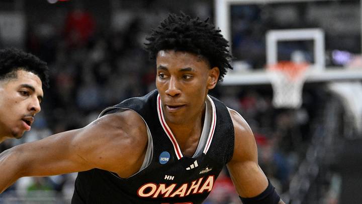 Mar 20, 2025; Providence, RI, USA;  Omaha Mavericks forward Marquel Sutton (10) controls the ball against St. John's Red Storm during the first half at Amica Mutual Pavilion. Mandatory Credit: Eric Canha-Imagn Images