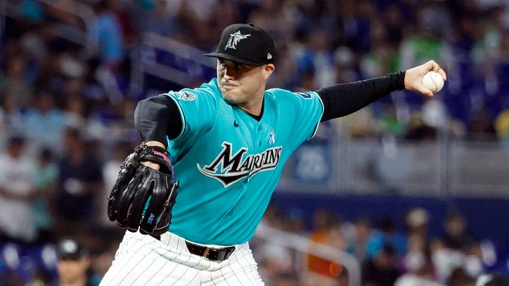 Jun 21, 2026; Miami, Florida, USA;  Miami Marlins relief pitcher John King (47) throws against the San Francisco Giants during the sixth inning at loanDepot Park. Mandatory Credit: Rhona Wise-Imagn Images