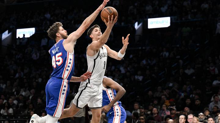 Oct 8, 2026; Brooklyn, New York, USA; Brooklyn Nets guard Egor Demin (8) drives to the basket while defended by Philadelphia 76ers forward Dean Wade (45) during the second half at Barclays Center. Mandatory Credit: John Jones-Imagn Images Oct 8, 2026; Brooklyn, New York, USA; Brooklyn Nets guard Egor Demin (8) drives to the basket while defended by Philadelphia 76ers forward Dean Wade (45) during the second half at Barclays Center. Mandatory Credit: John Jones-Imagn Images