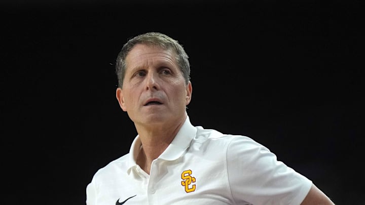 Feb 11, 2025; Los Angeles, California, USA; Southern California Trojans head coach Eric Musselman reacts during the game against the Penn State Nittany Lions at Galen Center. Mandatory Credit: Kirby Lee-Imagn Images