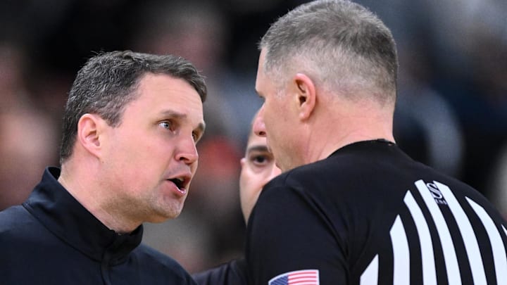 Mar 22, 2025; Providence, RI, USA; McNeese State Cowboys head coach Will Wade talks to an official during the second half of a second round men’s NCAA Tournament game against the Purdue Boilermakers at Amica Mutual Pavilion. Mandatory Credit: Gregory Fisher-Imagn Images