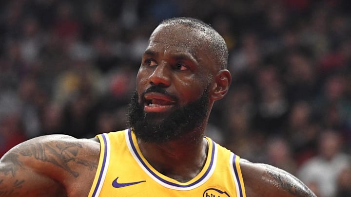 Los Angeles Lakers forward LeBron James reacts after losing the ball against the Toronto Raptors