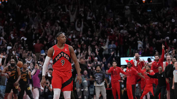 May 1, 2026; Toronto, Ontario, CAN; Toronto Raptors forward RJ Barrett (9) reacts after scoring the winning basket against the Cleveland Cavaliers during the overtime period  in game six of the first round of the 2026 NBA Playoffs at Scotiabank Arena. Mandatory Credit: Nick Turchiaro-Imagn Images