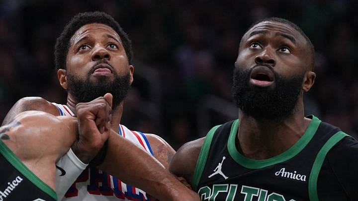 Apr 28, 2026; Boston, Massachusetts, USA; Boston Celtics forward Jayson Tatum (0) and guard Jaylen Brown (7) look for the rebound against Philadelphia 76ers forward Paul George (8) in the second quarter during game five of the first round of the 2026 NBA Playoffs at TD Garden. Mandatory Credit: David Butler II-Imagn Images Apr 28, 2026; Boston, Massachusetts, USA; Boston Celtics forward Jayson Tatum (0) and guard Jaylen Brown (7) look for the rebound against Philadelphia 76ers forward Paul George (8) in the second quarter during game five of the first round of the 2026 NBA Playoffs at TD Garden. Mandatory Credit: David Butler II-Imagn Images