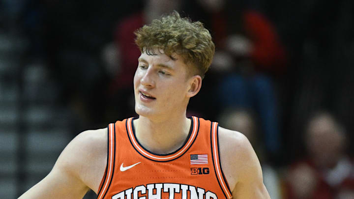 Jan 14, 2025; Bloomington, Indiana, USA; Illinois Fighting Illini guard Kasparas Jakucionis (32) celebrates after a play during the first half against the Indiana Hoosiers at Simon Skjodt Assembly Hall. Mandatory Credit: Robert Goddin-Imagn Images Jan 14, 2025; Bloomington, Indiana, USA; Illinois Fighting Illini guard Kasparas Jakucionis (32) celebrates after a play during the first half against the Indiana Hoosiers at Simon Skjodt Assembly Hall. Mandatory Credit: Robert Goddin-Imagn Images