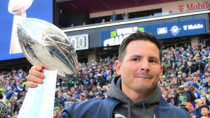 Seattle Seahawks head coach Mike Macdonald before the Super Bowl LX trophy presentation