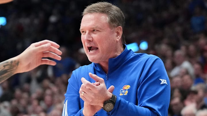 Kansas Jayhawks head coach Bill Self celebrates against the Oklahoma State Cowboys at Allen Fieldhouse. Kansas Jayhawks head coach Bill Self celebrates against the Oklahoma State Cowboys at Allen Fieldhouse.