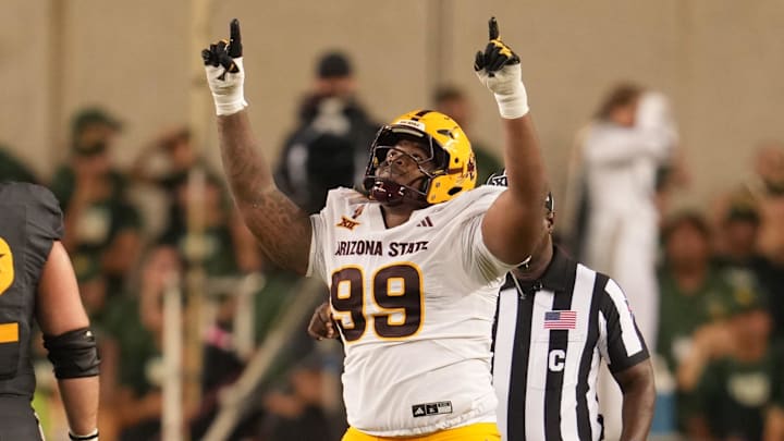 Sep 20, 2025; Waco, Texas, USA; Arizona State Sun Devils defensive lineman C.J. Fite (99) reacts after a sack against Baylor Bears quarterback Sawyer Robertson (13) during the second half at McLane Stadium. Mandatory Credit: Chris Jones-Imagn Images