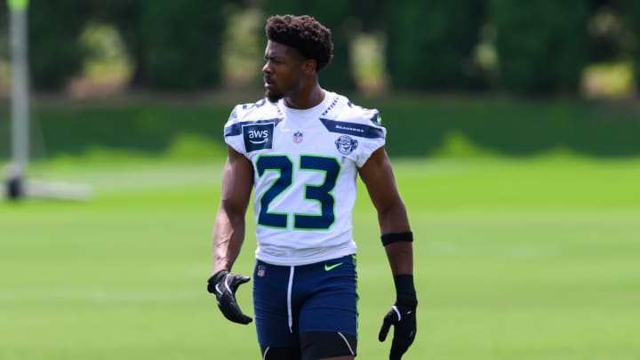 Jul 27, 2024; Renton, WA, USA; Seattle Seahawks cornerback Artie Burns (23) during training camp at Virginia Mason Athletic Center. Jul 27, 2024; Renton, WA, USA; Seattle Seahawks cornerback Artie Burns (23) during training camp at Virginia Mason Athletic Center.