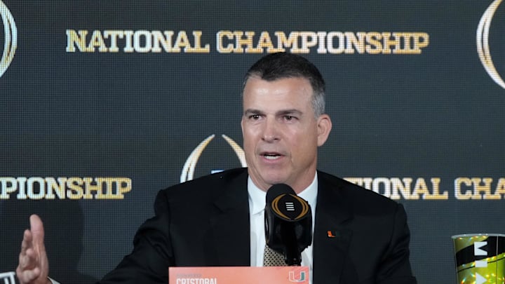 Jan 18, 2026; Miami, FL, USA; Miami Hurricanes coach Mario Cristobal at the CFP head coaches press conference at JW Marriott Marquis Miami. Mandatory Credit: Kirby Lee-Imagn Images