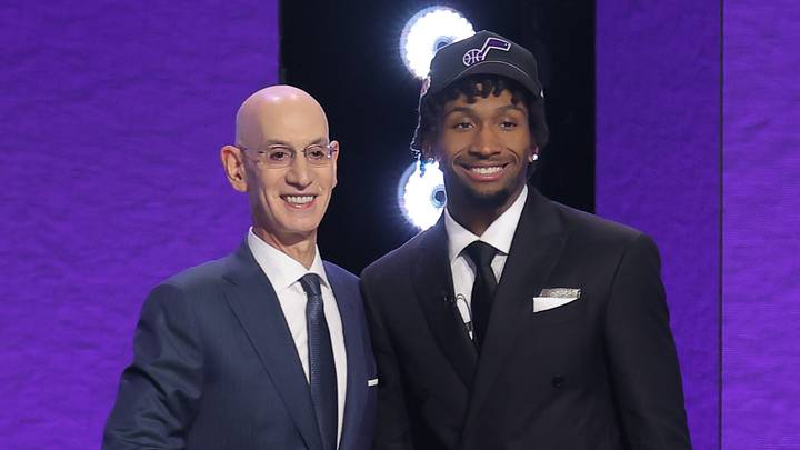 Jun 23, 2026; New York, NY, USA; NBA commissioner Adam Silver greets the second pick in the 2026 NBA draft, Kansas guard Darryn Peterson after he was selected by the Utah Jazz at Barclays Center. Mandatory Credit: Brad Penner-Imagn Images Jun 23, 2026; New York, NY, USA; NBA commissioner Adam Silver greets the second pick in the 2026 NBA draft, Kansas guard Darryn Peterson after he was selected by the Utah Jazz at Barclays Center. Mandatory Credit: Brad Penner-Imagn Images