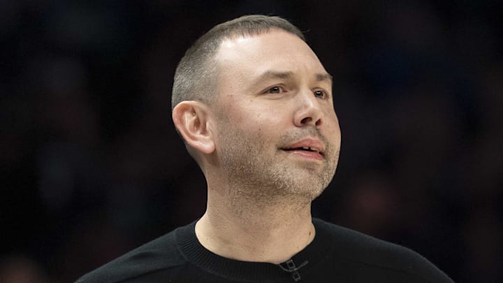 Apr 30, 2026; Minneapolis, Minnesota, USA; Denver Nuggets head coach David Adelman looks on against the Minnesota Timberwolves in the first half during game six of the first round of the 2026 NBA Playoffs at Target Center. Mandatory Credit: Jesse Johnson-Imagn Images