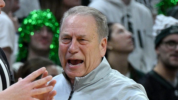 Feb 22, 2026; East Lansing, Michigan, USA;  Michigan State Spartans head coach Tom Izzo reacts during the first half against the Ohio State Buckeyes at Jack Breslin Student Events Center.