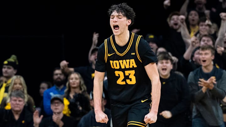 Iowa guard Isaia Howard (23) reacts after Iowa guard Bennett Stirtz (14) took a foul from the Nebraska Cornhuskers Feb. 17, 2026 at Carver-Hawkeye Arena in Iowa City, Iowa.