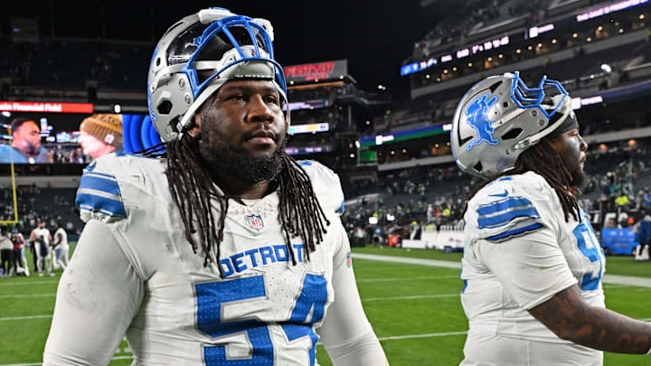 Detroit Lions defensive tackle Alim McNeill (54) and defensive tackle Tyleik Williams (91) walk off the field after loss to Eagles Detroit Lions defensive tackle Alim McNeill (54) and defensive tackle Tyleik Williams (91) walk off the field after loss to Eagles