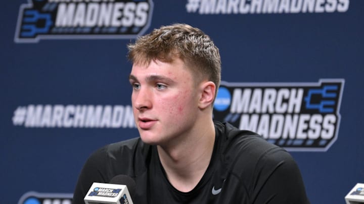 Mar 20, 2025; Raleigh, NC, USA;  Duke Blue Devils forward Cooper Flagg (2) respond to a question during the NCAA pre tournament press conference at Lenovo Center. Mandatory Credit: Zachary Taft-Imagn Images