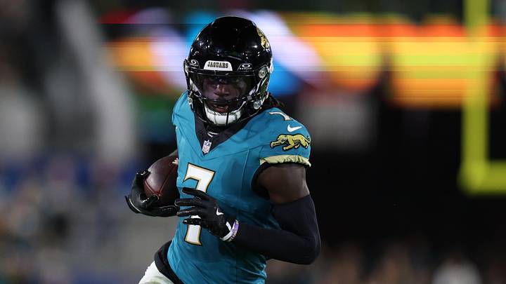 Oct 6, 2025; Jacksonville, Florida, USA; Jacksonville Jaguars wide receiver Brian Thomas Jr. (7) runs during the first half against the Kansas City Chiefs at EverBank Stadium. Mandatory Credit: Nathan Ray Seebeck-Imagn Images