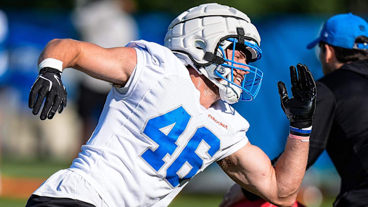 Detroit Lions linebacker Jack Campbell (46) practices during training camp at Meijer Performance Center
