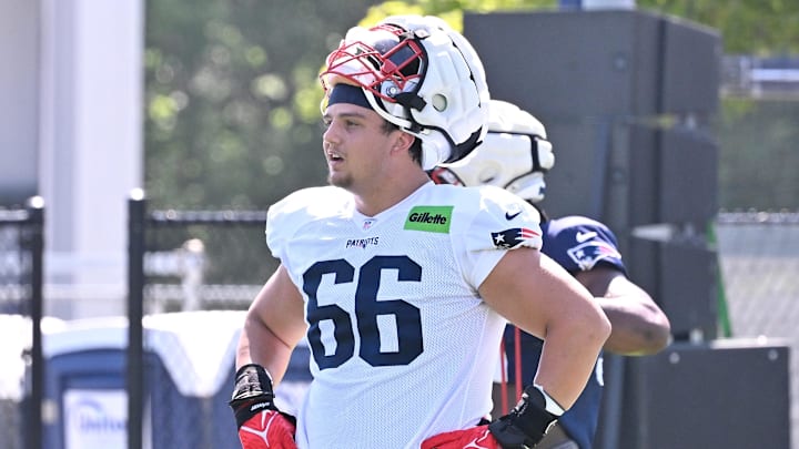 Jul 28, 2025; Foxborough, MA, USA; New England Patriots offensive tackle Will Campbell (66) takes a break during warm-ups  at training camp at Gillette Stadium. Mandatory Credit: Eric Canha-Imagn Images