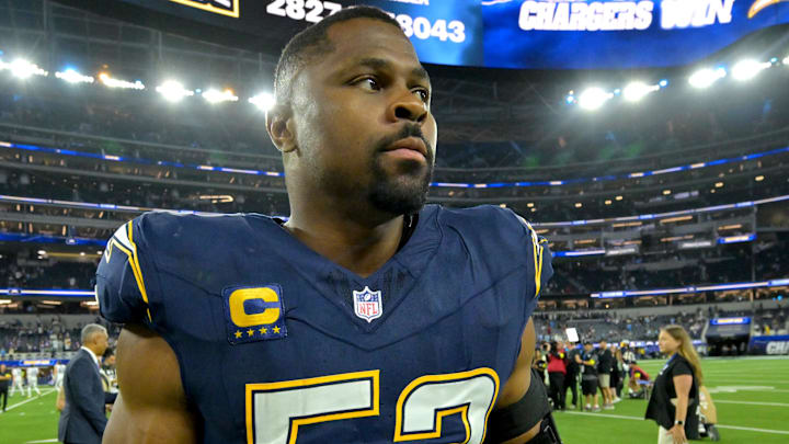 Oct 23, 2025; Inglewood, California, USA;  Los Angeles Chargers outside linebacker Khalil Mack (52) as he leaves the field following the game against the Minnesota Vikings at SoFi Stadium.