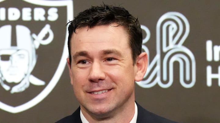 Feb 10, 2026; Henderson, NV, USA; Las Vegas Raiders coach Klint Kubiak speaks at introductory press conference at Intermountain Health Performance Center. Mandatory Credit: Kirby Lee-Imagn Images