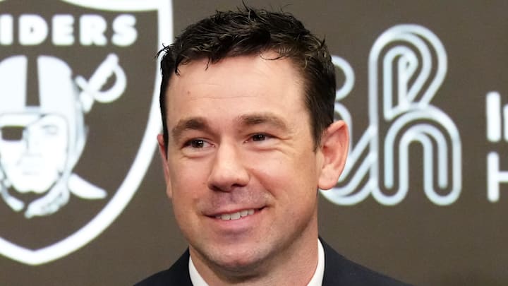 Feb 10, 2026; Henderson, NV, USA; Las Vegas Raiders coach Klint Kubiak speaks at introductory press conference at Intermountain Health Performance Center. Mandatory Credit: Kirby Lee-Imagn Images