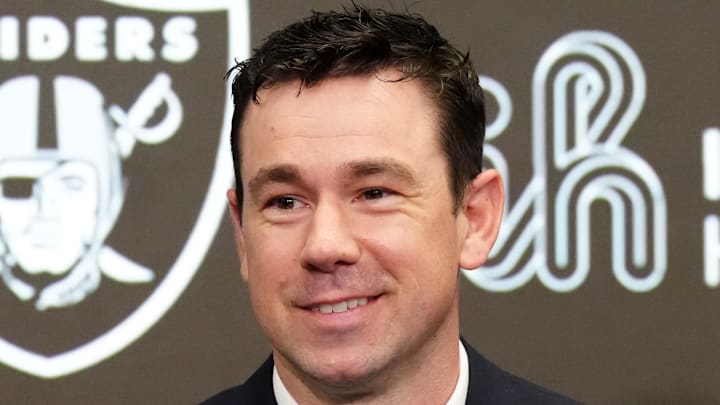 Feb 10, 2026; Henderson, NV, USA; Las Vegas Raiders coach Klint Kubiak speaks at introductory press conference at Intermountain Health Performance Center. Mandatory Credit: Kirby Lee-Imagn Images