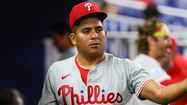 Sep 5, 2024; Miami, Florida, USA; Philadelphia Phillies starting pitcher Ranger Suarez (55) celebrates with teammates against the Miami Marlins after the second inning at loanDepot Park