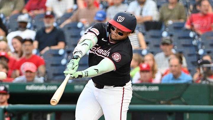 Aug 28, 2026; Washington, District of Columbia, USA; Washington Nationals first baseman Abimelec Ortiz (81) doubles against the Miami Marlins during the second inning at Nationals Park. Mandatory Credit: Brad Mills-Imagn Images Aug 28, 2026; Washington, District of Columbia, USA; Washington Nationals first baseman Abimelec Ortiz (81) doubles against the Miami Marlins during the second inning at Nationals Park. Mandatory Credit: Brad Mills-Imagn Images