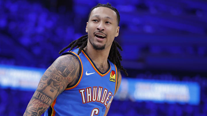 Apr 19, 2026; Oklahoma City, Oklahoma, USA; Oklahoma City Thunder forward Jaylin Williams (6) reacts after scoring against the Phoenix Suns in the second half during game one of the first round of the 2026 NBA Playoffs at Paycom Center. Mandatory Credit: Alonzo Adams-Imagn Images