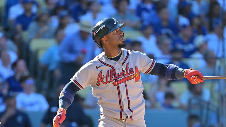 Oct 3, 2026; Los Angeles, California, USA;  Atlanta Braves second baseman Ozzie Albies (1) reacts after hitting a two run home run in the ninth inning of game one of the NLDS against the Los Angeles Dodgers for the 2026 MLB Playoffs at Uniqlo Field at Dodger Stadium.  Mandatory Credit: Jayne Kamin-Oncea-Imagn Images