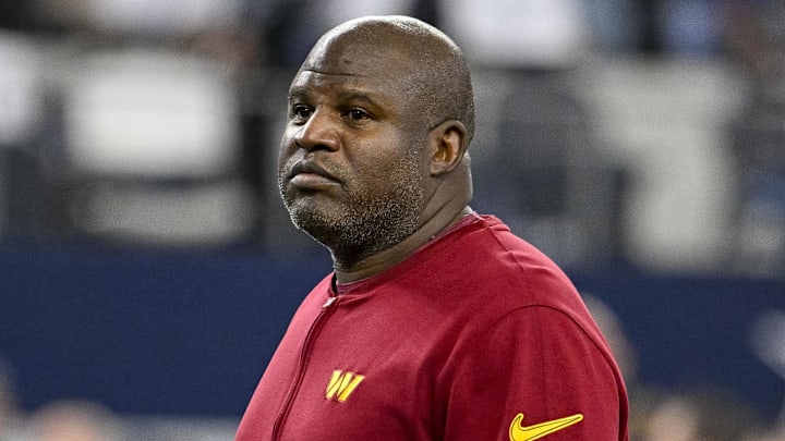 Nov 23, 2023; Arlington, Texas, USA; Washington Commanders offensive coordinator Eric Bieniemy before the game between the Dallas Cowboys and the Washington Commanders at AT&T Stadium. Mandatory Credit: Jerome Miron-Imagn Images