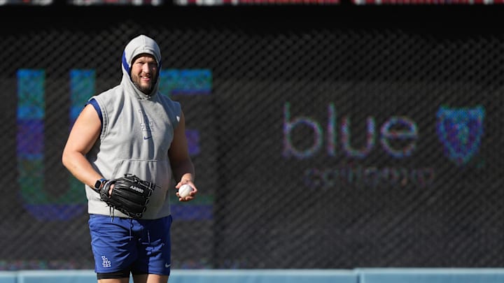 Sep 25, 2024; Los Angeles, California, USA; Los Angeles Dodgers pitcher Clayton Kershaw throws before the game against the San Diego Padres at Dodger Stadium. 