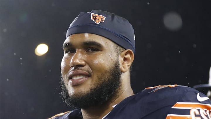 Chicago Bears offensive tackle Larry Borom (75). Chicago Bears offensive tackle Larry Borom (75).