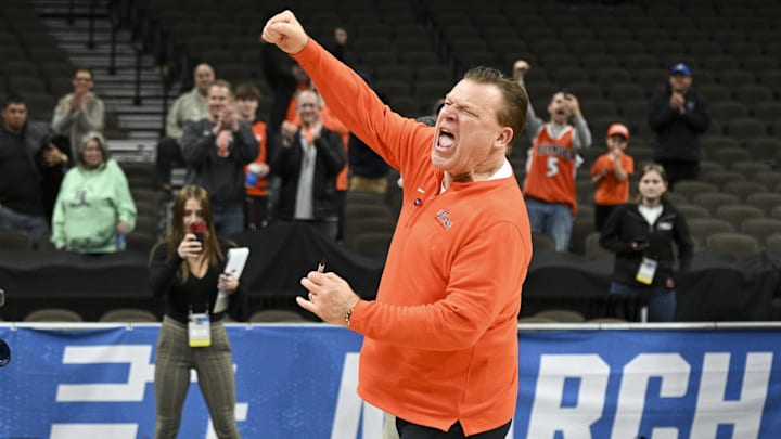 Mar 23, 2024; Omaha, NE, USA; Illinois Fighting Illini head coach Brad Underwood gestures after the game against the Duquesne Dukes in the second round of the 2024 NCAA Tournament at CHI Health Center Omaha. Mandatory Credit: Steven Branscombe-Imagn Images