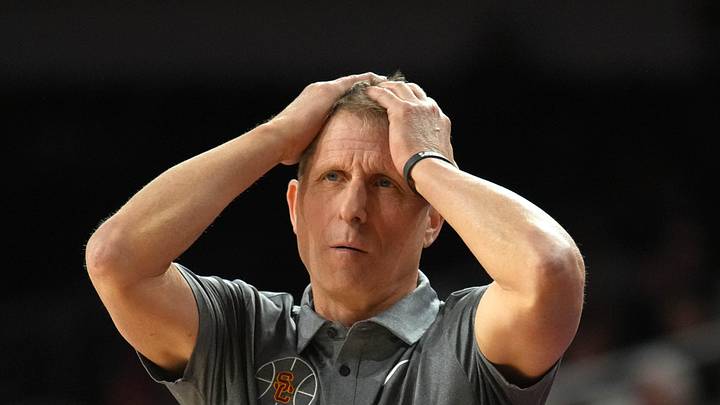 Feb 21, 2026; Los Angeles, California, USA; Southern California Trojans head coach Eric Musselman reacts against the Oregon Ducks in the second half at Galen Center. Mandatory Credit: Kirby Lee-Imagn Images