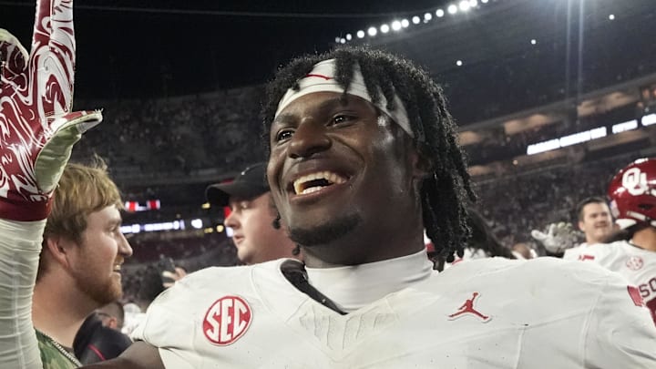 Nov 15, 2025; Tuscaloosa, Alabama, USA;  Oklahoma linebacker Sammy Omosigho (7) celebrates after Oklahoma defeated the Alabama Crimson Tide 23-21 at Saban Field at Bryant-Denny Stadium. Mandatory Credit: Gary Cosby Jr.-Imagn Images