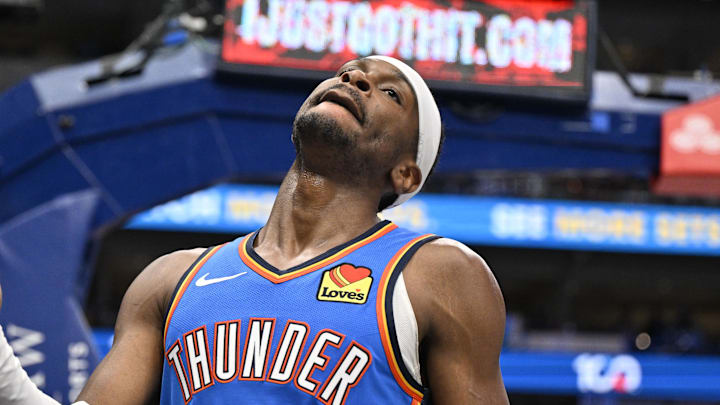 Mar 1, 2026; Dallas, Texas, USA; Oklahoma City Thunder guard Shai Gilgeous-Alexander (2) reacts to a foul call during the second half against the Dallas Mavericks at the American Airlines Center. Mandatory Credit: Jerome Miron-Imagn Images