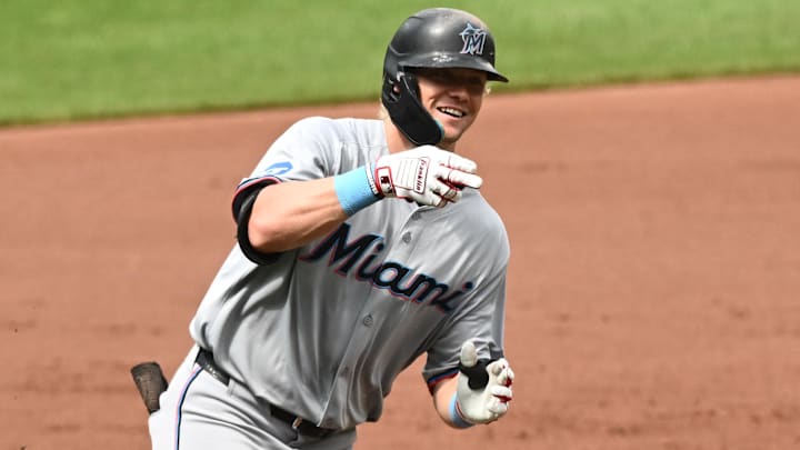 Jul 13, 2025; Baltimore, Maryland, USA;  Miami Marlins left fielder Kyle Stowers (28) rounds the bases on a home run during the second inning against the Baltimore Orioles at Oriole Park at Camden Yards. 