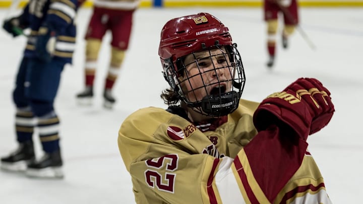 Boston College hockey forward Dean Letourneau celebrates a goal against visiting Notre Dame on Nov. 28, 2025 Boston College hockey forward Dean Letourneau celebrates a goal against visiting Notre Dame on Nov. 28, 2025