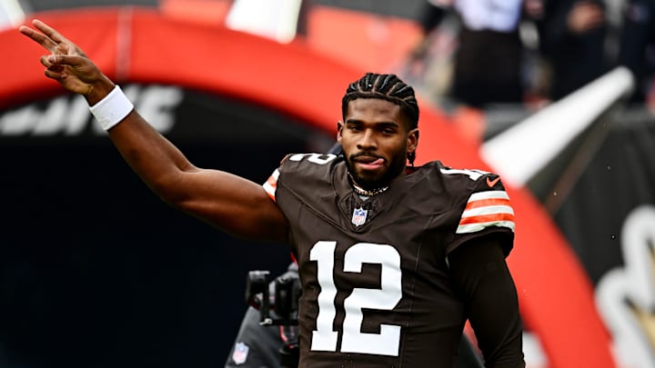 Nov 30, 2025; Cleveland, Ohio, USA;  Cleveland Browns quarterback Shedeur Sanders (12) runs on the field before the game against the San Francisco 49ers at Huntington Bank Field. Mandatory Credit: Ken Blaze-Imagn Images