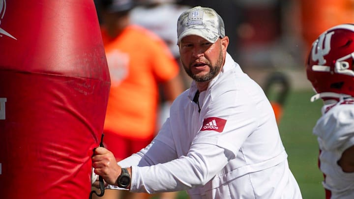 Indiana defensive coordinator Bryant Haines instructs players during fall practice Aug. 16, 2024, at the Mellencamp Pavilion.