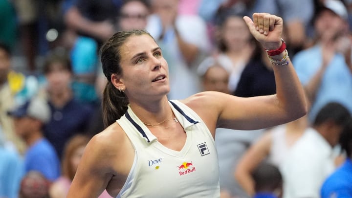 Emma Navarro celebrates beating Coco Gauff in the U.S. Open.
