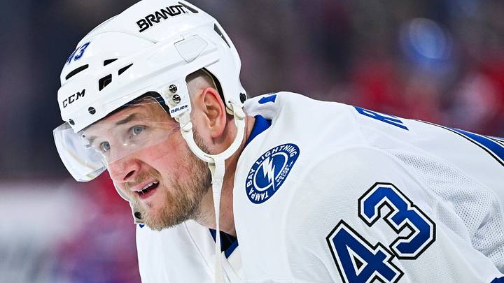 Apr 26, 2026; Montreal, Quebec, CAN; Tampa Bay Lightning defenseman Darren Raddysh (43) looks on during warm-up before the game against the Montreal Canadiens in game four of the first round of the 2026 Stanley Cup Playoffs at Bell Centre. Mandatory Credit: David Kirouac-Imagn Images