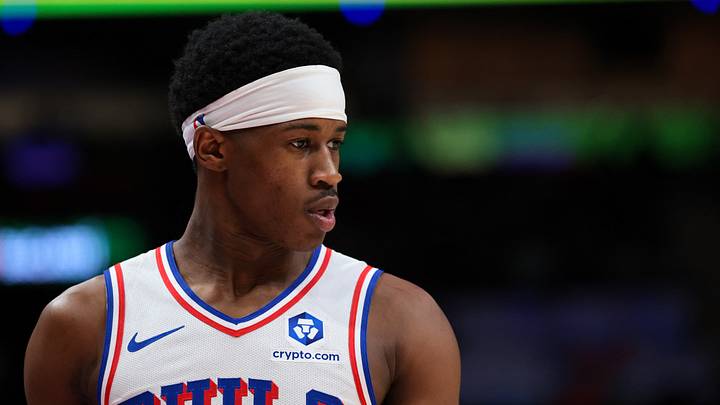 Philadelphia 76ers guard VJ Edgecombe (77) looks on against the Miami Heat during the third quarter at Kaseya Center on Mar. 30, 2026.