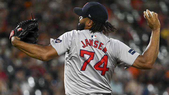 Aug 16, 2024; Baltimore, Maryland, USA; Boston Red Sox relief pitcher Kenley Jansen (74) throws a ninth inning pitch against the Baltimore Orioles at Oriole Park at Camden Yards Aug 16, 2024; Baltimore, Maryland, USA; Boston Red Sox relief pitcher Kenley Jansen (74) throws a ninth inning pitch against the Baltimore Orioles at Oriole Park at Camden Yards
