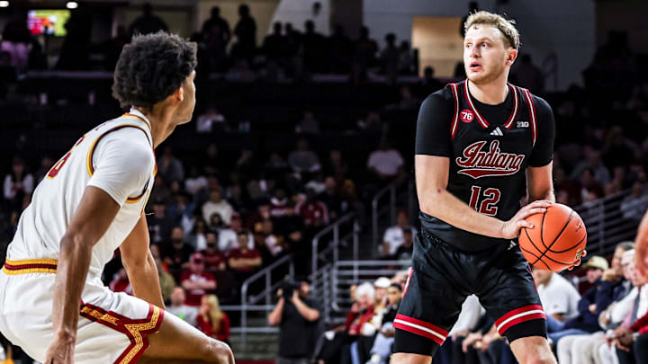 Indiana basketball forward Tucker DeVries scans the court Feb. 3, 2026, against USC at the Galen Center in Los Angeles.
