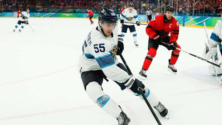 Feb 20, 2026; Milan, Italy; Rasmus Ristolainen (55) of Finland chases the puck during the third period against Canada in a men's ice hockey semifinal during the Milano Cortina 2026 Olympic Winter Games at Milano Santagiulia Ice Hockey Arena. Mandatory Credit: Geoff Burke-Imagn Images Feb 20, 2026; Milan, Italy; Rasmus Ristolainen (55) of Finland chases the puck during the third period against Canada in a men's ice hockey semifinal during the Milano Cortina 2026 Olympic Winter Games at Milano Santagiulia Ice Hockey Arena. Mandatory Credit: Geoff Burke-Imagn Images