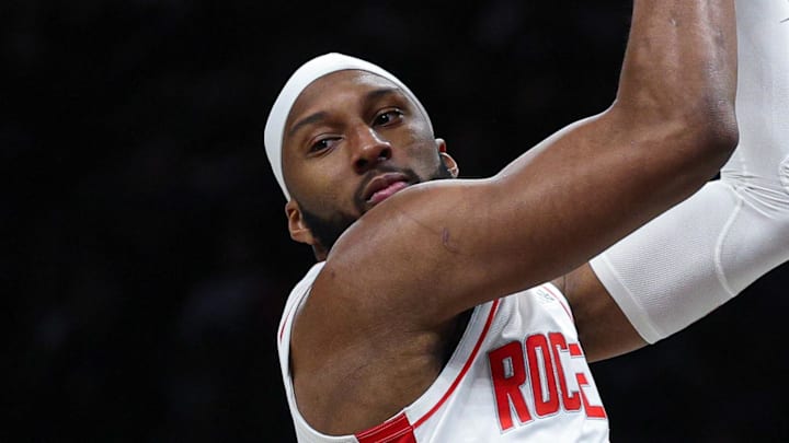 Jan 1, 2026; Brooklyn, New York, USA; Houston Rockets guard Josh Okogie (20) rebounds during the first half against the Brooklyn Nets at Barclays Center. Mandatory Credit: Vincent Carchietta-Imagn Images Jan 1, 2026; Brooklyn, New York, USA; Houston Rockets guard Josh Okogie (20) rebounds during the first half against the Brooklyn Nets at Barclays Center. Mandatory Credit: Vincent Carchietta-Imagn Images